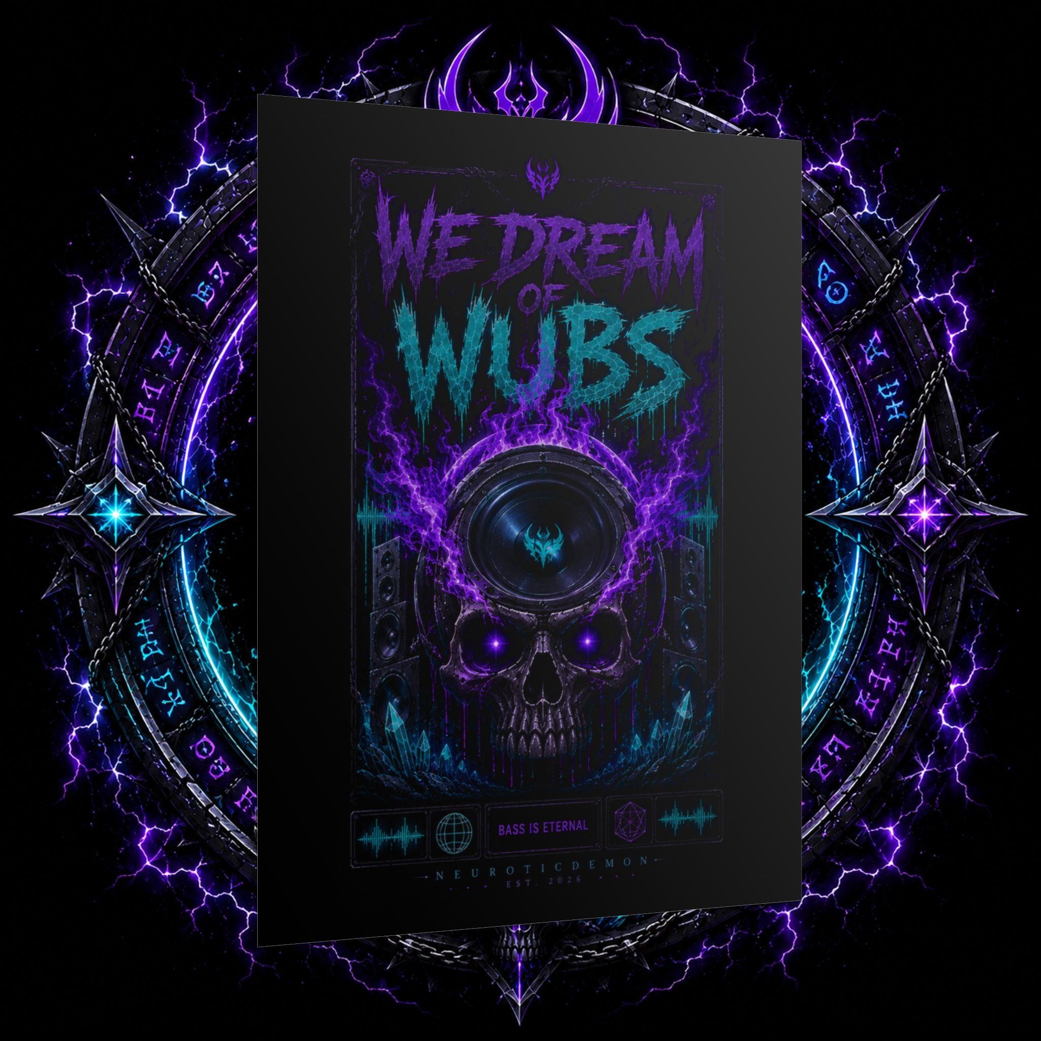We Dream of Wubs Poster — Neon Skull EDM Music Wall Art (Rolled Poster)