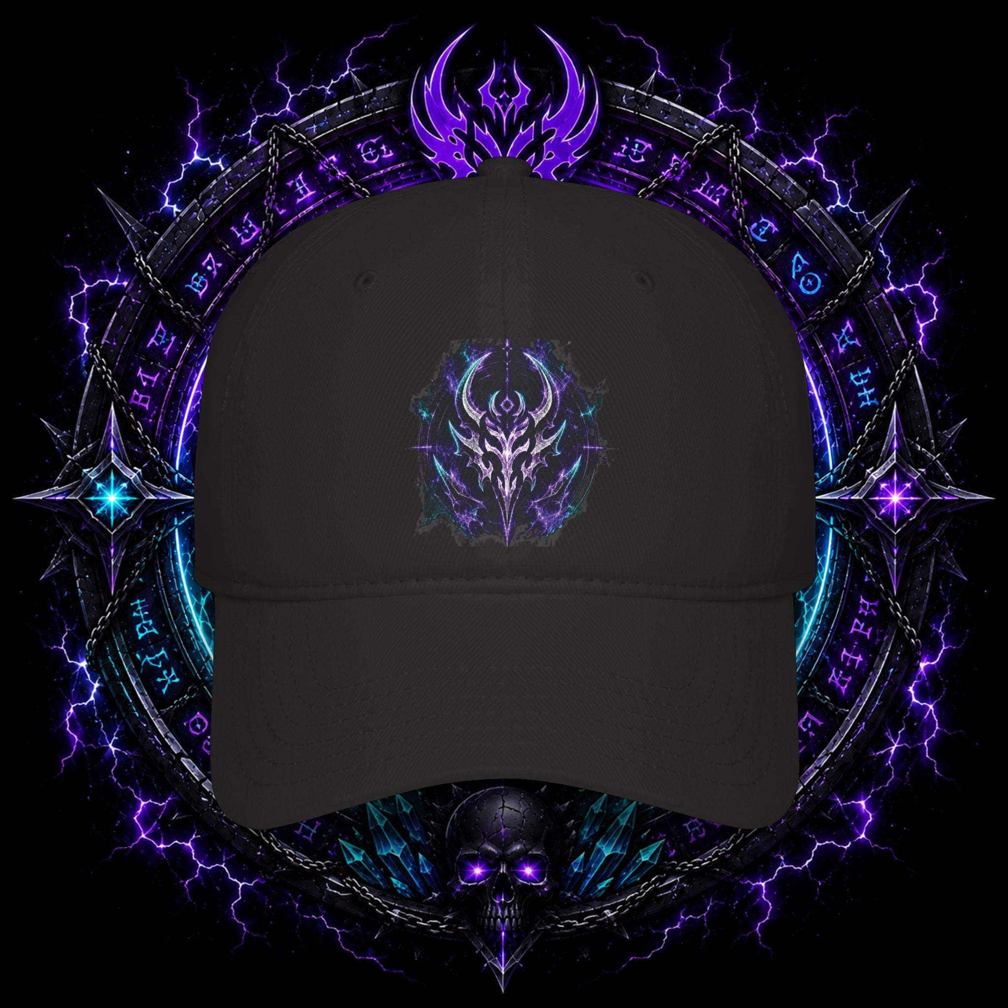 Neon Demon Skull Baseball Cap – Cyberpunk Gothic Low-Profile Hat