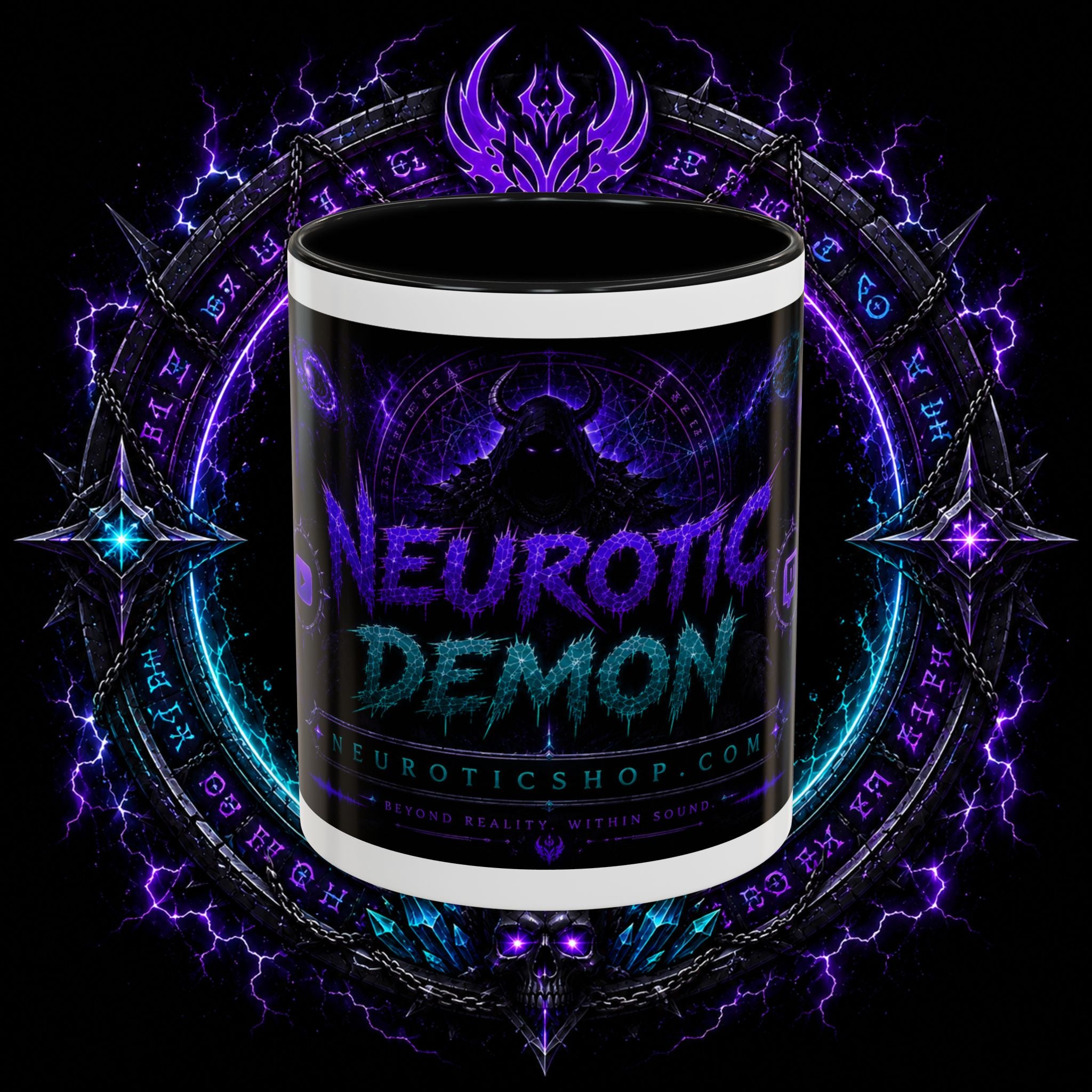 Neurotic Demon Accent Coffee Mug — Dark Neon Gaming Logo