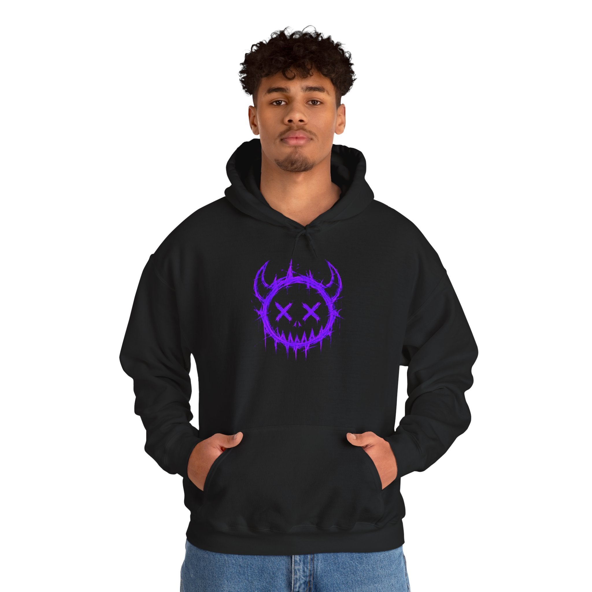 Neurotic Cosmos Hoodie — Purple Drip Demon Face Graphic Pullover