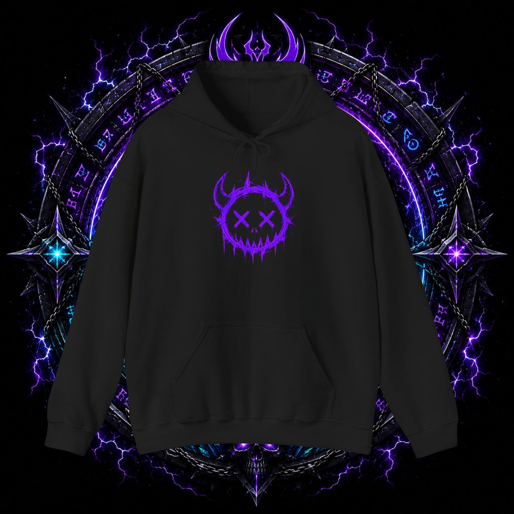 Neurotic Cosmos Hoodie — Purple Drip Demon Face Graphic Pullover