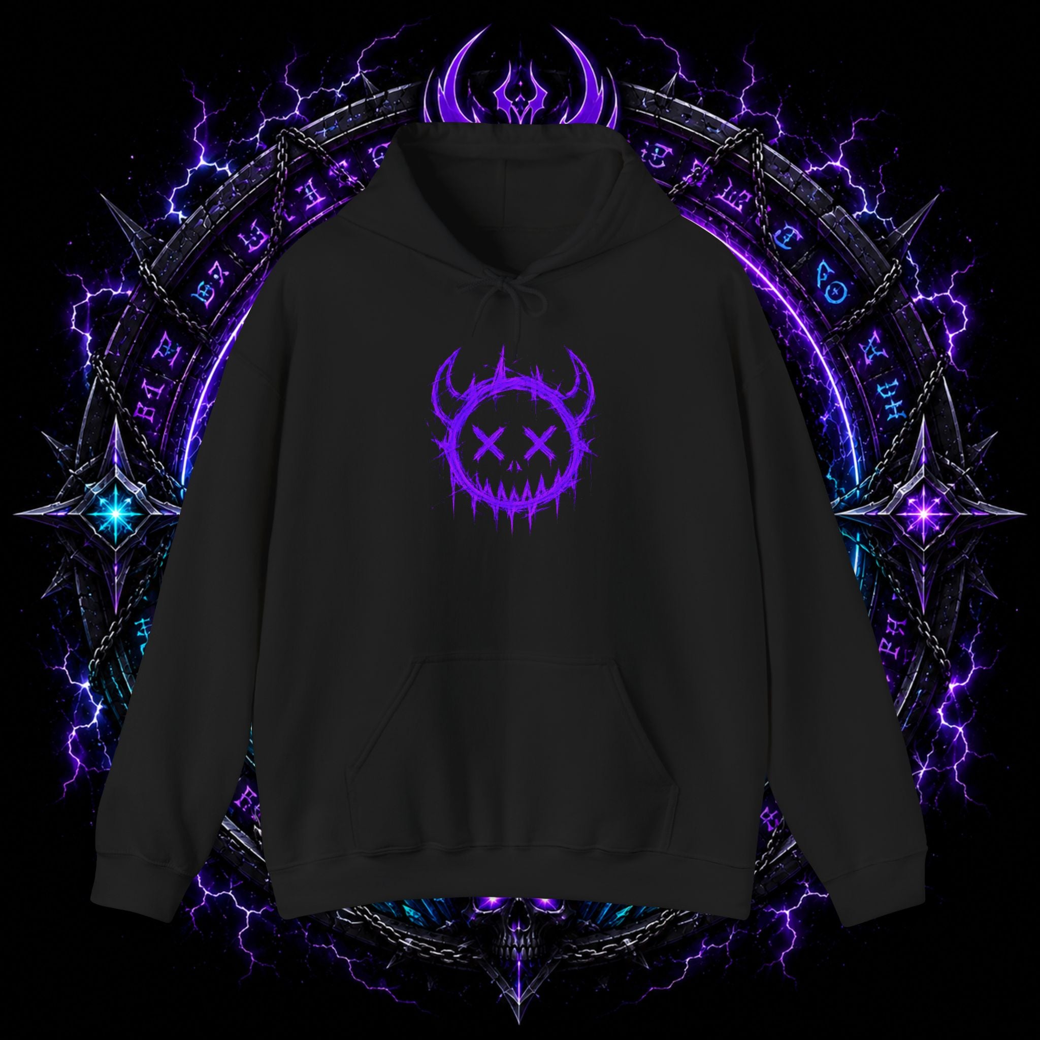Neurotic Cosmos Hoodie — Purple Drip Demon Face Graphic Pullover