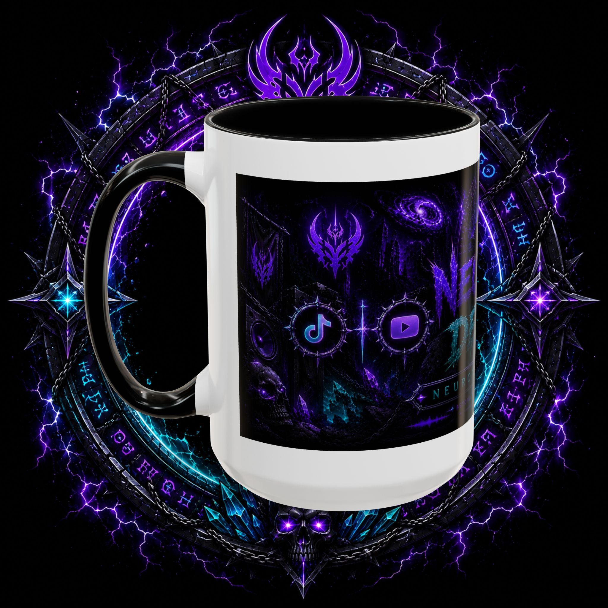 Neurotic Demon Accent Coffee Mug — Dark Neon Gaming Logo