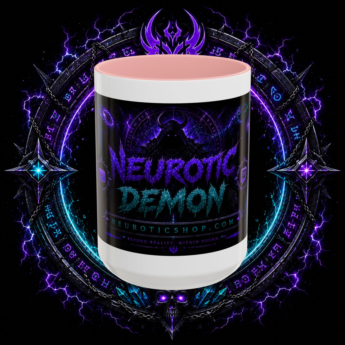 Neurotic Demon Accent Coffee Mug — Dark Neon Gaming Logo