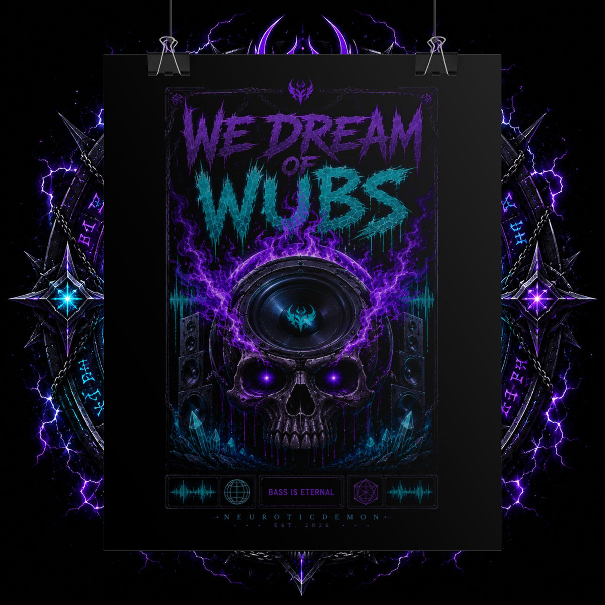 We Dream of Wubs Poster — Neon Skull EDM Music Wall Art (Rolled Poster)