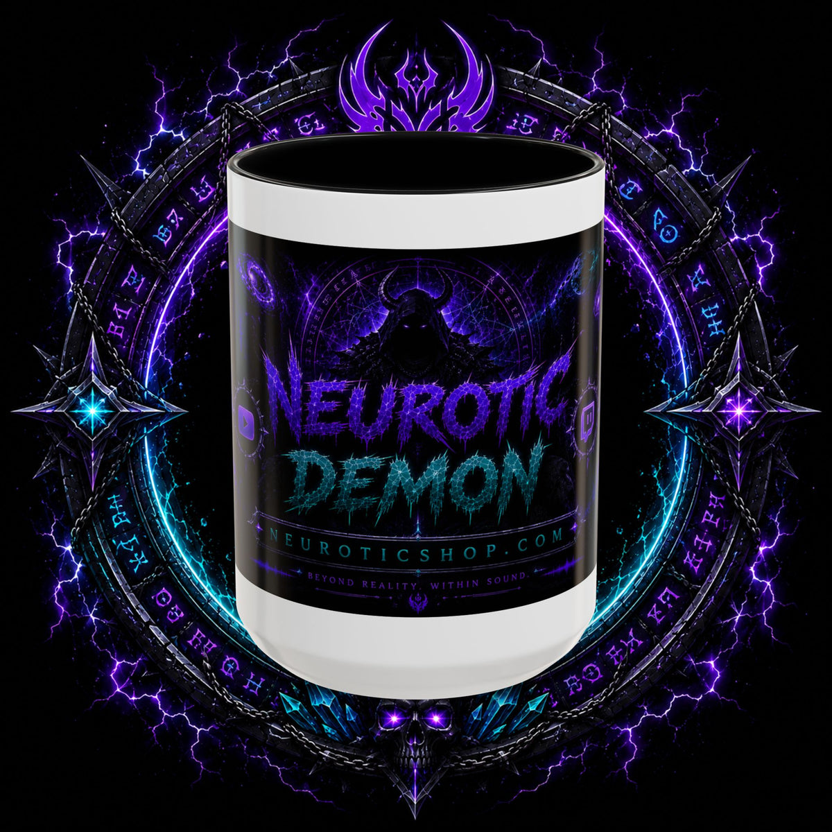 Neurotic Demon Accent Coffee Mug — Dark Neon Gaming Logo