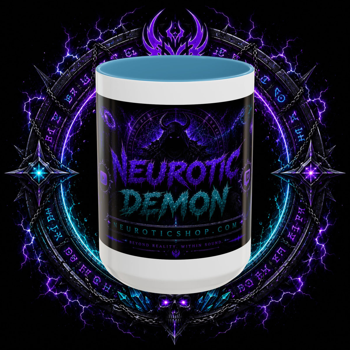 Neurotic Demon Accent Coffee Mug — Dark Neon Gaming Logo
